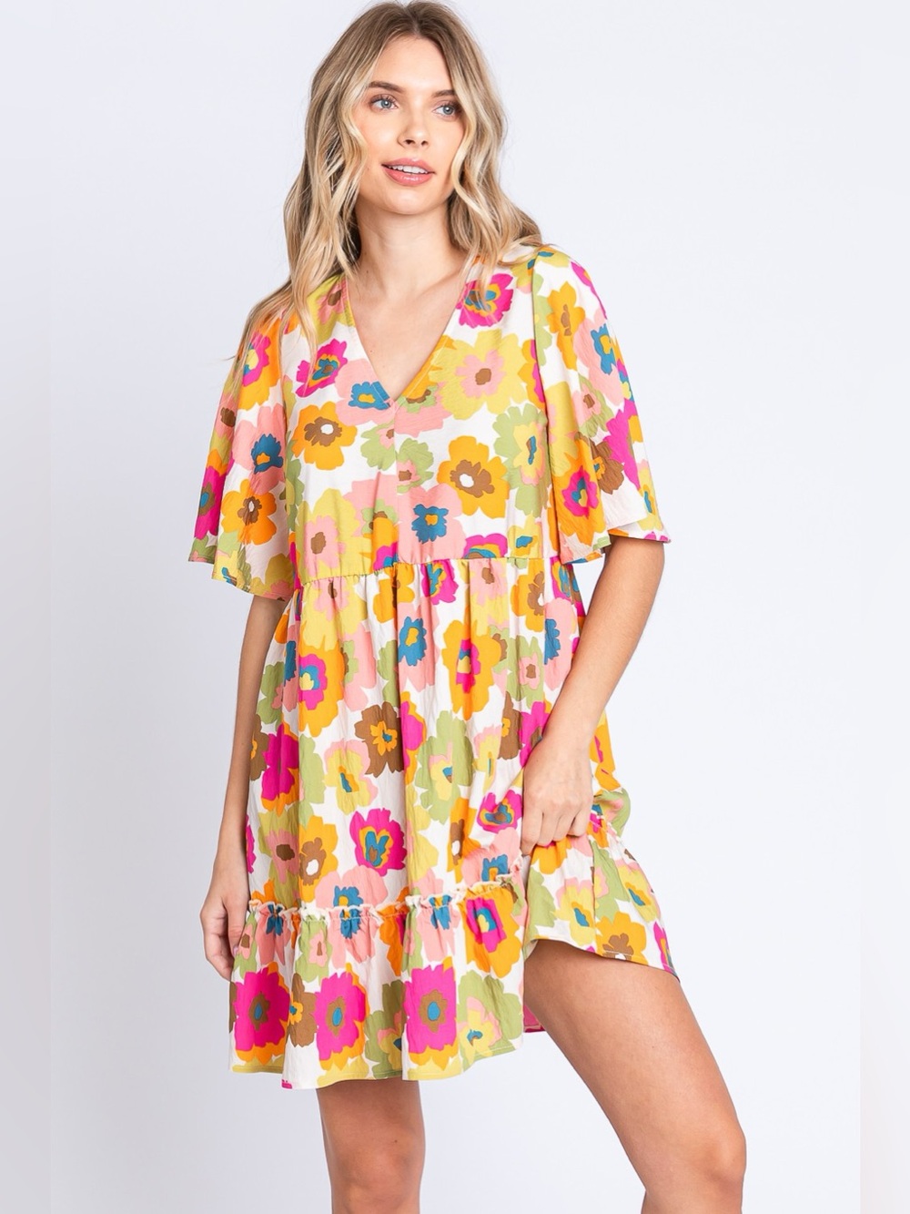 GeeGee Floral V-Neck Ruffle Hem Mini Dress